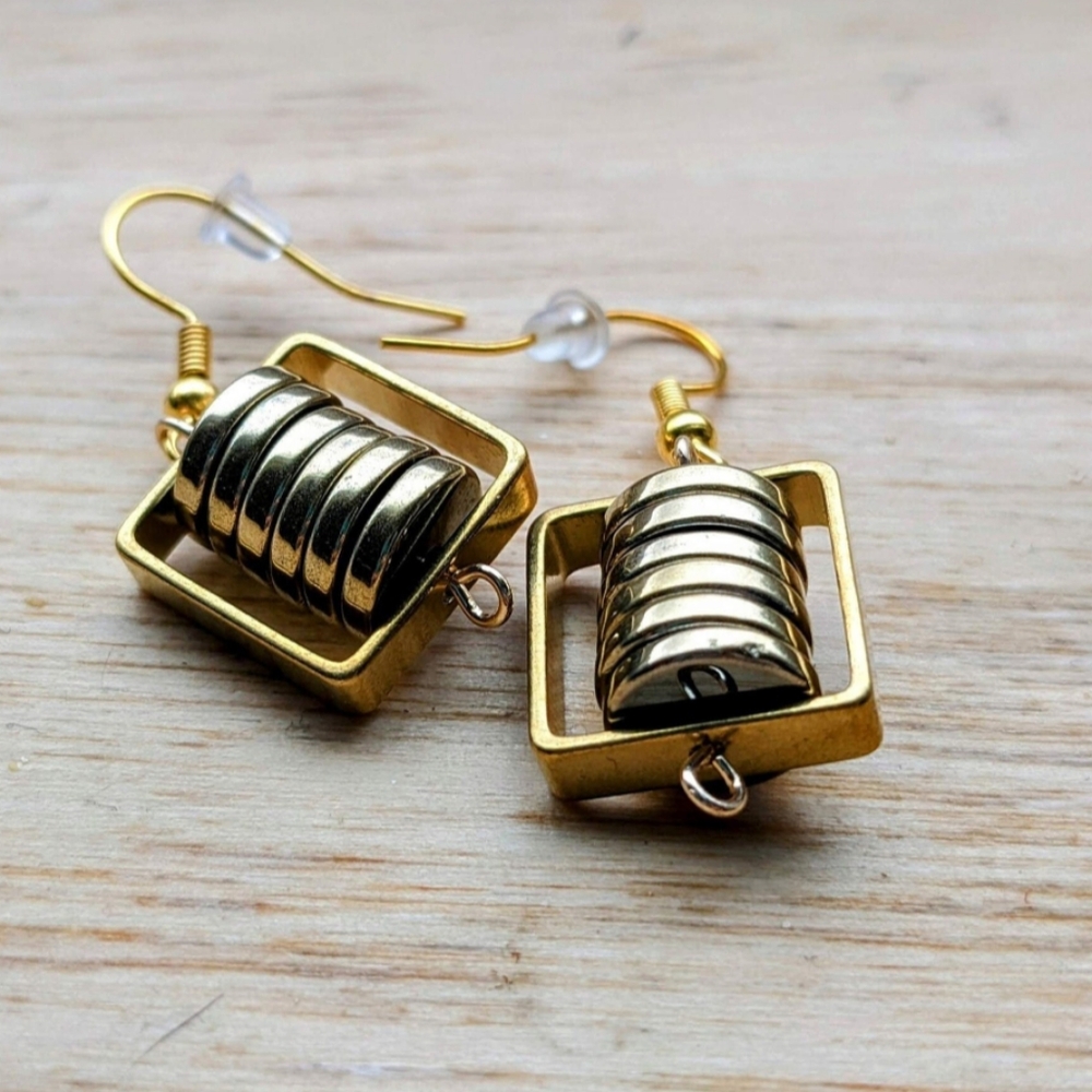 Square-framed Brass Earrings with Layered Metal Reishi Beads